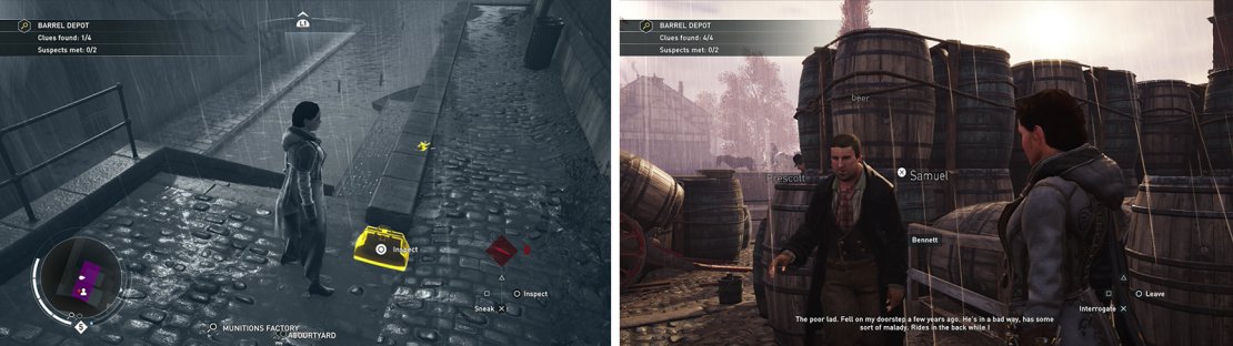 Investigate the clues by the barrel depot (left) and speak with the suspect (right).