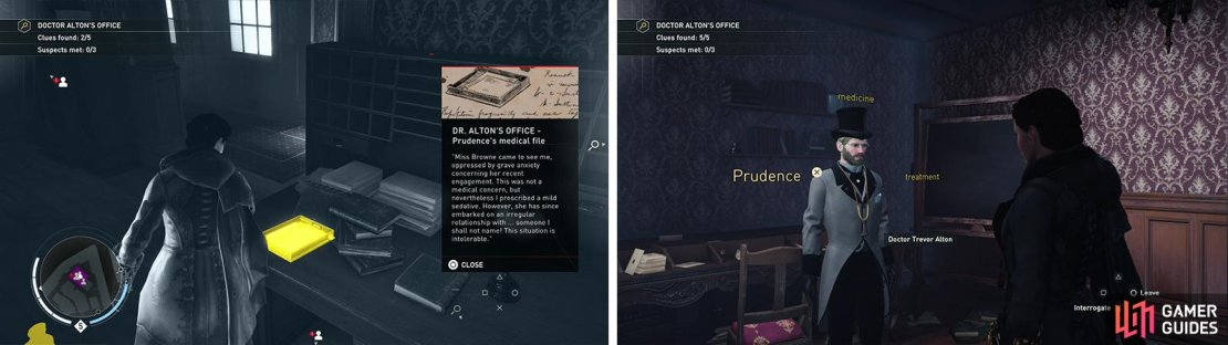 Loot the clues in Dr. Alton&rsquo;s Office (left) and then chat with the suspects (right).