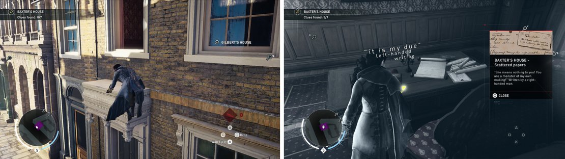 Enter Baxter&rsquo;s house via the window (left). Loot the clues within (right).