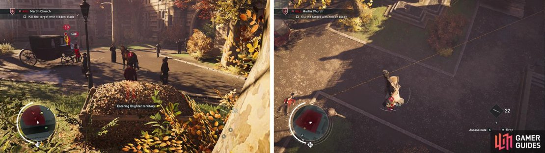 The target is found in a small courtyard (left). Kill him with an air assassination from the Rope Launcher (right).