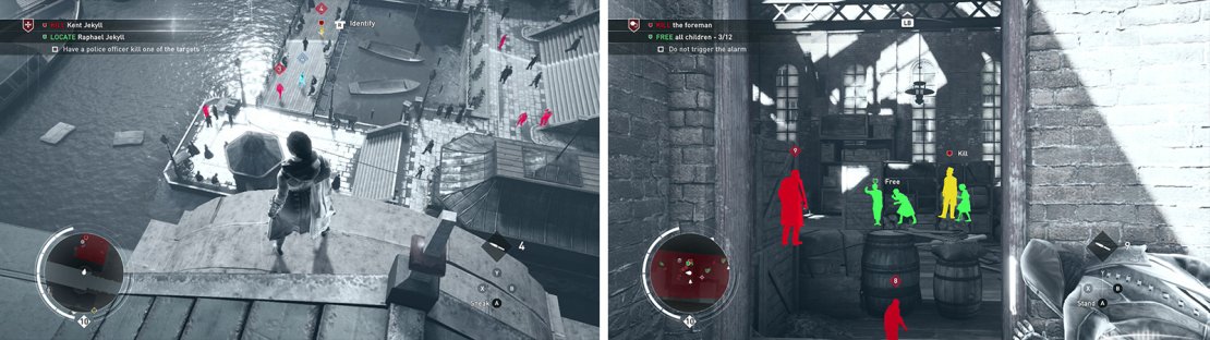 Use Eagle Vision from high locations (left). Tagging NPCs will allow you to see them through walls (right).