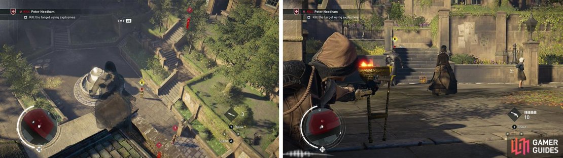 The target will patrol by the fountain (left). Place explosives in his path and shoot them as he approaches (right).