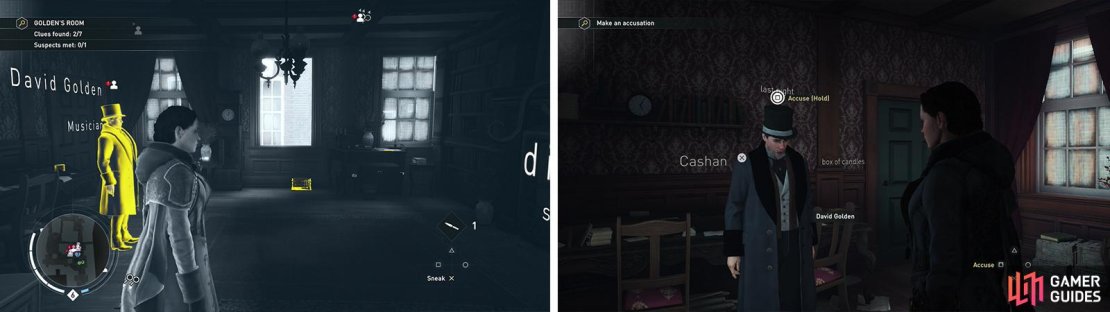 Loot the clues in the Golden&rsquo;s Room (left) and then chat with the suspect (right).