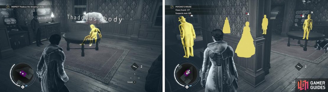 Inspect the body (left) and then the Psychic&rsquo;s House (right).