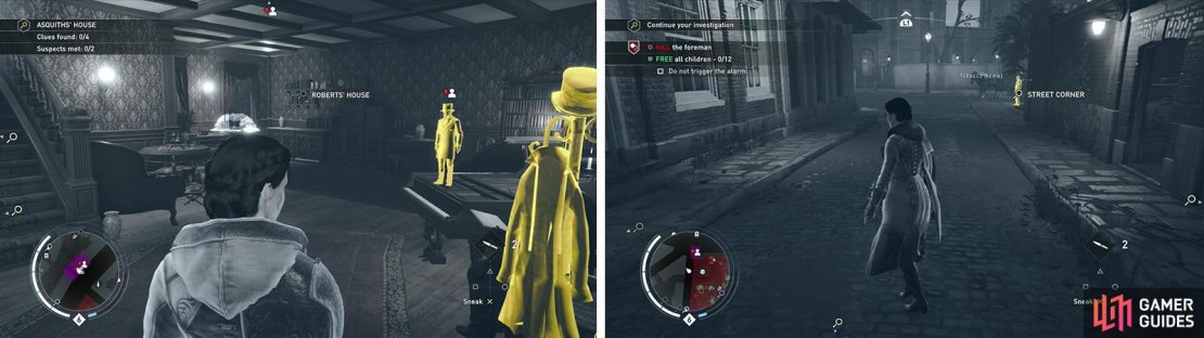 After inspecting Asquith&rsquo;s House (left) follow the tobacco smoke to find the Street Corner search area (right).