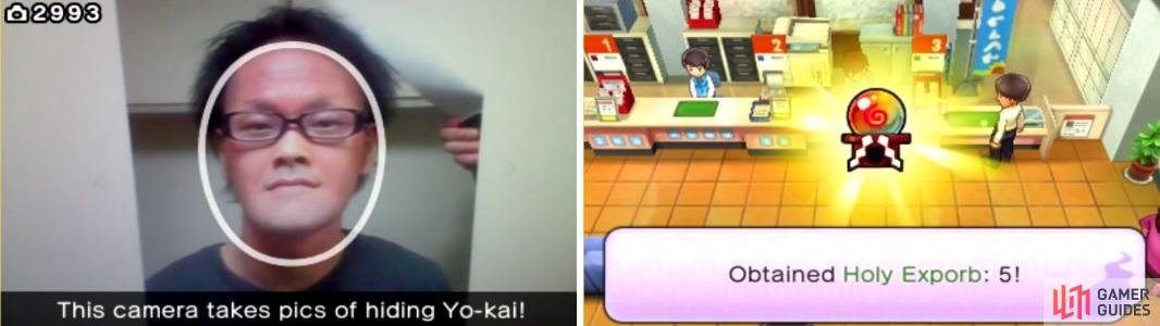 Use the Yokai Cam feature to take pictures of people&rsquo;s faces (left) and you&rsquo;ll get some free items as rewards in the game (right).