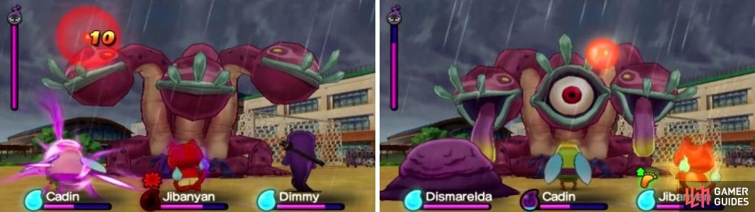 Focus your attacks on a single head (left) until it reveals whether or not it houses the boss&rsquo; eye (right), which is its weak point.