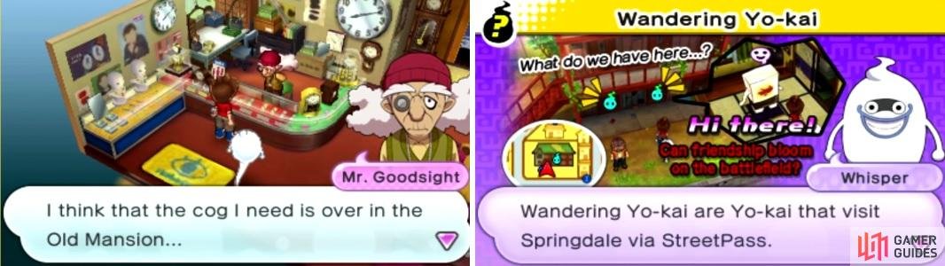 You&rsquo;ll be seeing Goodsight (left) a lot throughout the game. Wayfarer Mansion is used as the StreetPass function in the game (right).