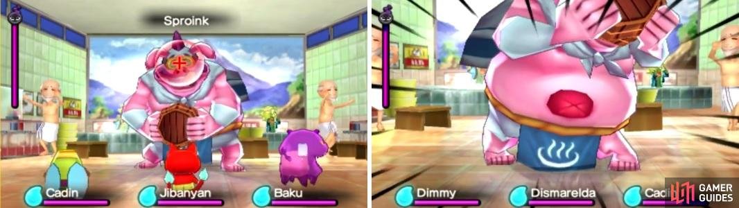 Target Sproink&rsquo;s face (left) until he covers it with a bucket, reveal his weak spot, the belly button (right).
