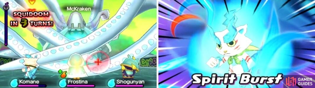 Attack the tentacles when McKraken is charging his Soultimate (left). Your own Yokai&rsquo;s Soultimates that hit all enemies are a great way to do this (right).