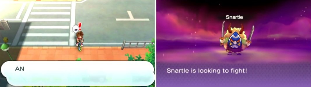 Keep an eye out where you cross streets (left), as you might encounter Snartle unexpectedly (right).