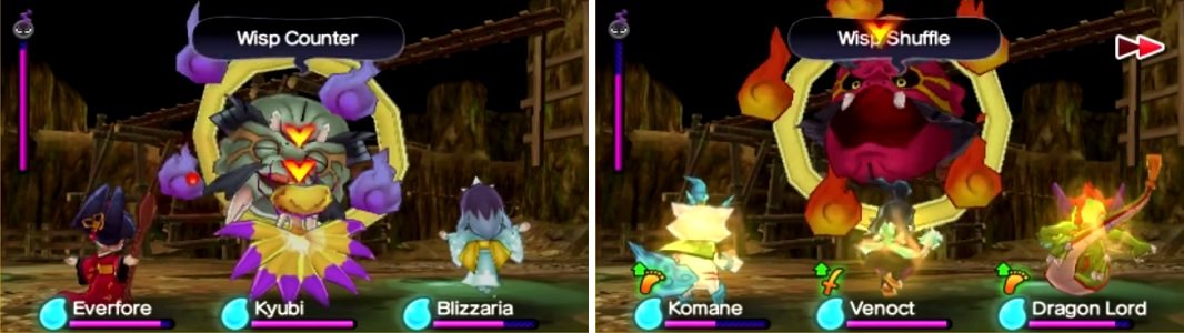 Target the wrong flame and you&rsquo;ll receive a counter (left). Duwheel can change the location of the right flame with Wisp Shuffle (right).