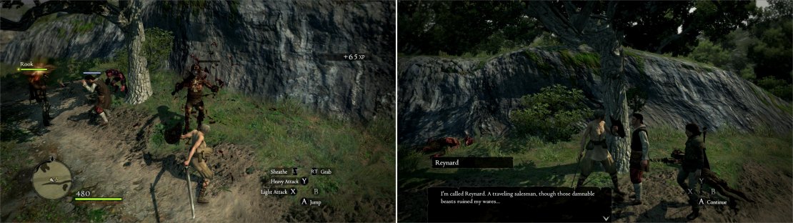 Defeat the Goblins that are attacking the merchant Reynard (left) and he&rsquo;ll reward you with his continued existence&hellip; and a cape! (right)