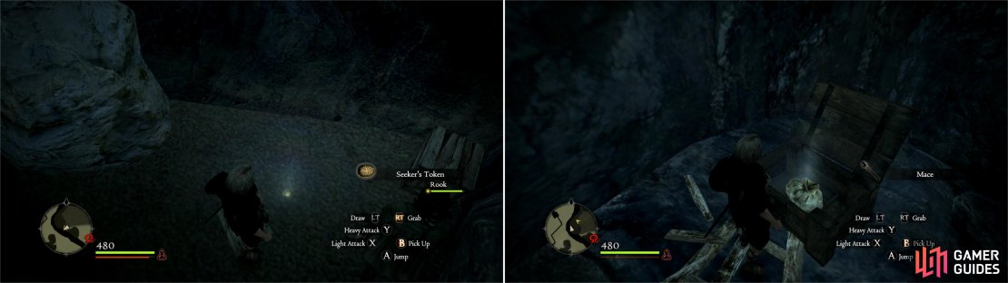 Further along the shore you can find some more treasure, including some Seeker&rsquo;s Tokens (left). Scale the nearby rocks to find some treasure chests containing some welcome loot (right).