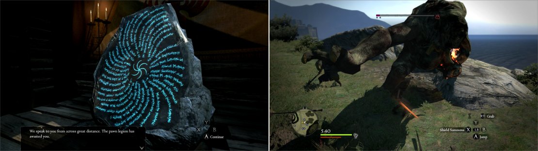 Approeach the Riftstone in the Encampment and you&rsquo;ll be told to prove your mettle as Arisen (left). Since you&rsquo;re the type who listens to talking rocks, head outside and confront the rampaging Cyclops; a worthy test for any Arisen (right).