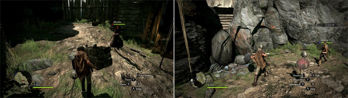 Prove your competence at carrying boxes (left) then show you&rsquo;re mightier than some wooden targets (right) to impress the obviously easily-impressed Ser Berne.