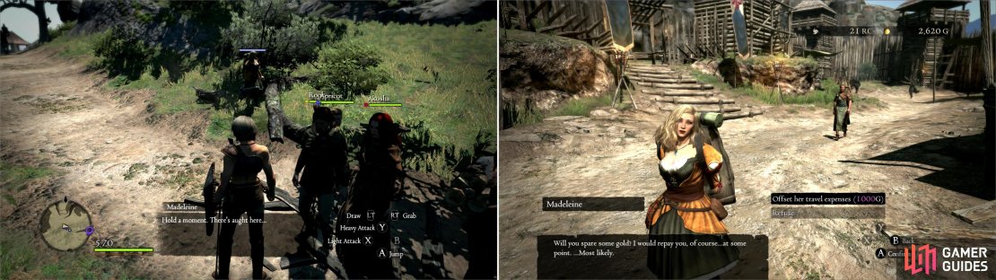 As you progress to the Encampment, Madeleine will constantly hold you up to scavange for gold (left). Despite this, however, when you reach the Encampment she&rsquo;ll beg for more funding (right).