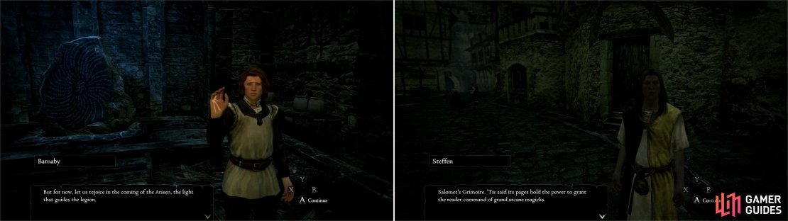 Be sure to visit the Pawn Guild to gain access to its Notice Board, Wakestone and Portcrystal (left). Talk to Steffen and agree to help him find Salomet&rsquo;s Grimoire (right).