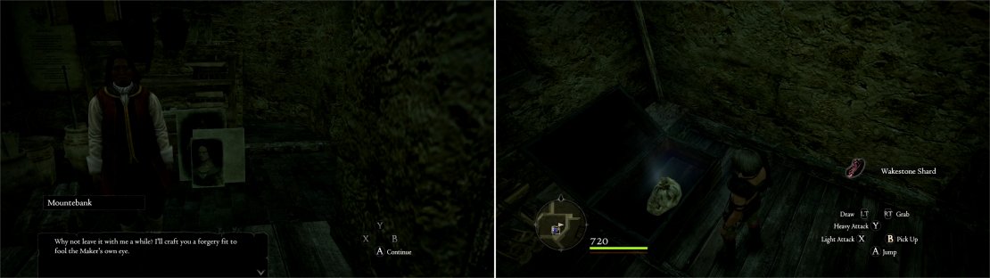 Mountebank, the proprietor of the Black Cat, can forge almost any item in the game, creating a perfect duplicate&hellip; often at a hefty price (left). In the attic above his shop you can score such a forgery; a non-functional Wakestone (right).