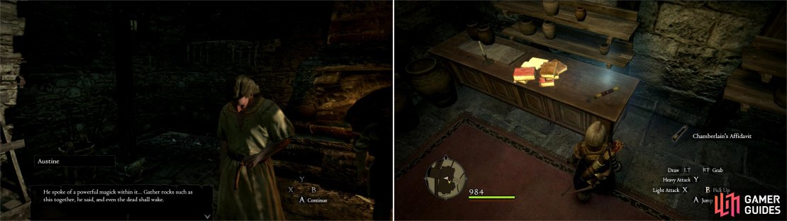 Listen to Austine complain about his ill-fated son (left) then make your way to the Fournival Manor in the Noble Quarter, where you can find the Chamberlain&rsquo;s Affidavit (right).