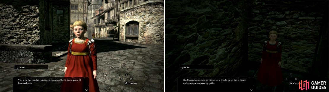 When you reach the market, Symone will challenge you to a game of hide-and-seek (left). You&rsquo;ll find her hiding behind Arsmith&rsquo;s Alehouse (right).