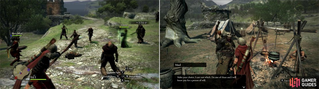 A host of high-level Bandits prowl the road running through the Vestad Hills (left). If you can fight your way through, you’ll be able to work for their leader, Maul (right).