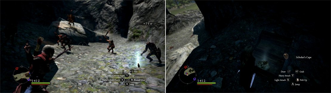 Terrorize some Goblins lurking in some mountain passes leading to the Watergod&rsquo;s Altar (left), then Double Vault onto a ledge to claim some treasure (right).