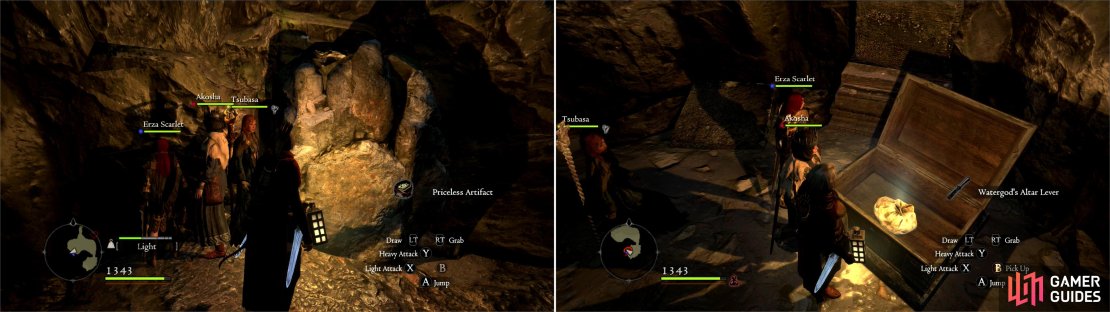 In the Saurian cave you&rsquo;ll find an ore vein which can yield Priceless Artifacts (left). Pick up the Watergod&rsquo;s Altar Lever, which is the key to progressing deeper into the temple (right).