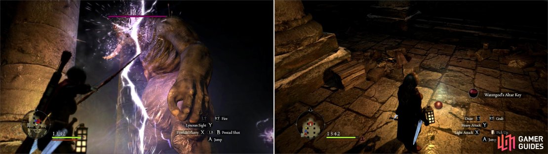Dispatch a Cyclops in the Offering Chamber (left) then pick up the Watergod&rsquo;s Altar Key (right).