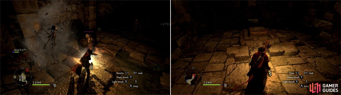 After opening the sealed door, dispatch some Skeleton Knights (left) then stand on a pressure plate to drain the water in the temple&rsquo;s depths (right).