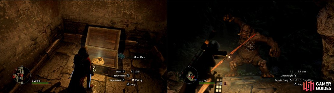 Search the drained parts of the temple and collect Altar Slates (left). You need five to complete your objective. Along the way, eradicate a dwarf Cyclops (right). How did it survive being submerged? Oh well&hellip;
