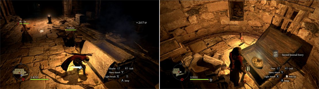 Opening sealed sarcophagi can prove to be debilitative (left). You can also find the Second Journal Entry in a rounded chest (right).