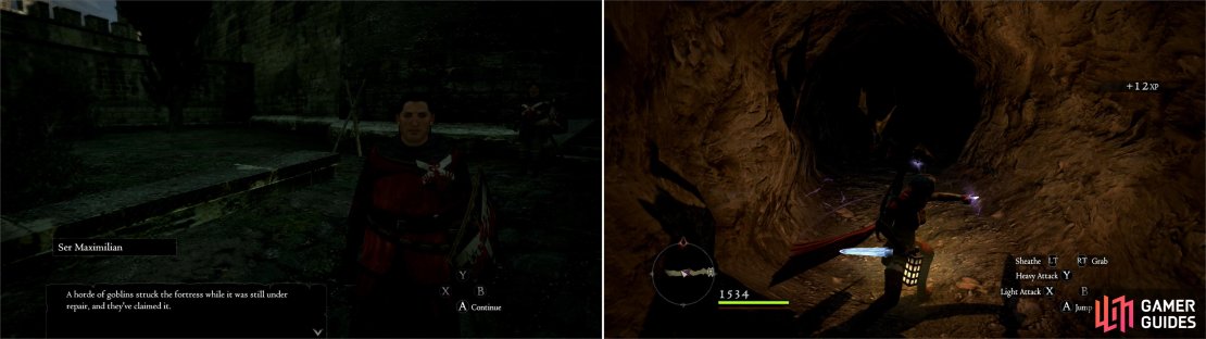 Ser Maximilian will finally give you a task worthy of an Arisen; rout a monster infestation! (left) Unfortunately &ldquo;Arisen&rdquo; is code for &ldquo;you go first&rdquo;, so sneak through the tunnel that leads into the Shadow Fort (right).