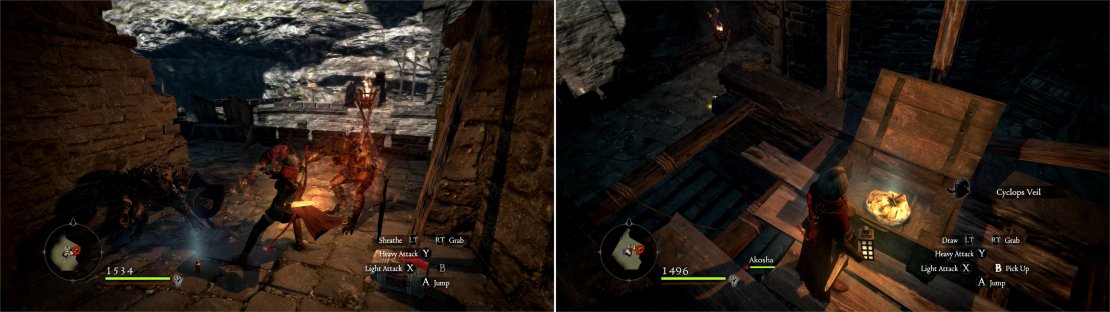 Ascend to the gatehouse tower roof and kill the Goblins and Hobgoblins there (left). If you can climb some boxes to reach the top of the stairwell you&rsquo;ll find some out-of-the-way treasure (right).