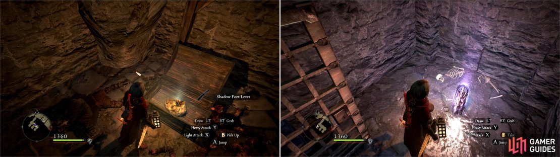 In the Station House structure you&rsquo;ll find the Shadow Fort Lever (left) and a Portcrystal (right).