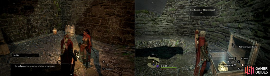 If you&rsquo;ve a party full of female characters, you can safely meet with Ophis, the leader of the Heavenspeak Bandits (left). Peacefully or not, there&rsquo;s plenty of treasure in Heavenspeak Fort that makes it worth looting (right).