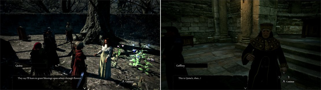 Talk to Quina at the Abbey in the Wilted Forest (left) then deliver proof of her talents to Geffrey in Gran Soren (right).