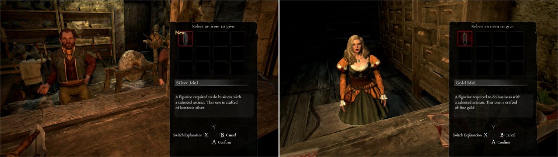 The quality of the idol you give determines the quality of the expanded stock the merchant will get. Give a Bronze or Silver Idol (left) to you less favored merchant, and a Gold Idol (right) to your more favored one.