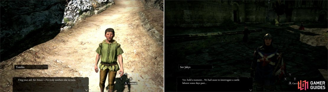 You&rsquo;ll find Tomlin in Cassardis, whining about his missing father (left). His seeds of suspicion seem to have been well-founded, as a guard confirms a gardener has been incarcerated (right).