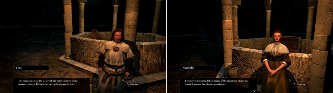 Talk to Fedel to get details on his botch espionage (left), then meet up with Mirabelle to confirm the details of your totally not inappropriate meeting with the Duke&rsquo;s wife (right).