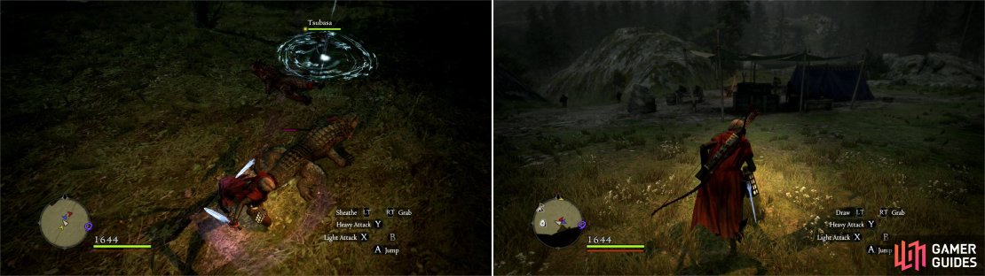 Another day, another pack of Saurians to dispatch (left). Near Lake Hardship you&rsquo;ll find the Rest Camp (right).