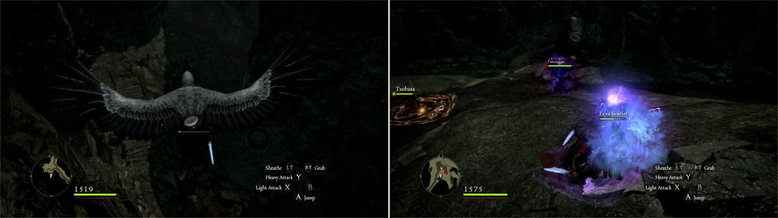 If you get snatched by a Snow Harpy, you&rsquo;ll regret the fall (left). Smack possessed Pawns before Phantasms can drain their souls (right).
