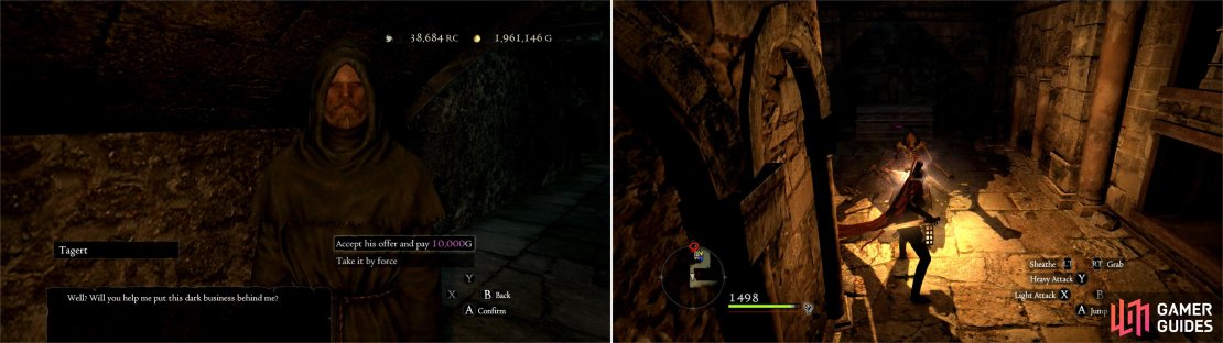 Bribe or strong-arm Tagert to get a different key, depending on what action you take (left). Whichever route you go, you&rsquo;ll have to deal with plenty of Skeleton Mages (right).