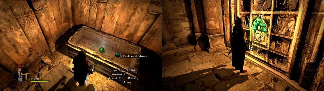 Search sarcophagi for &ldquo;Gems of Salvation&rdquo; (left), then deposit all five of them in a sealed door to open it (right).
