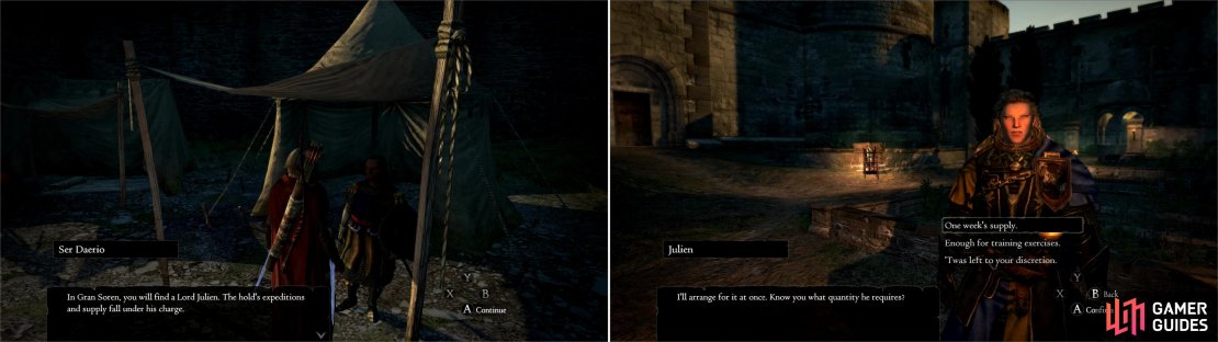 Ser Daerio will make a humble enough request; fetch them some overdue supplies (left). To do this correctly, talk to Julien and ask specifically for &ldquo;one week&rsquo;s supply&rdquo; (right).