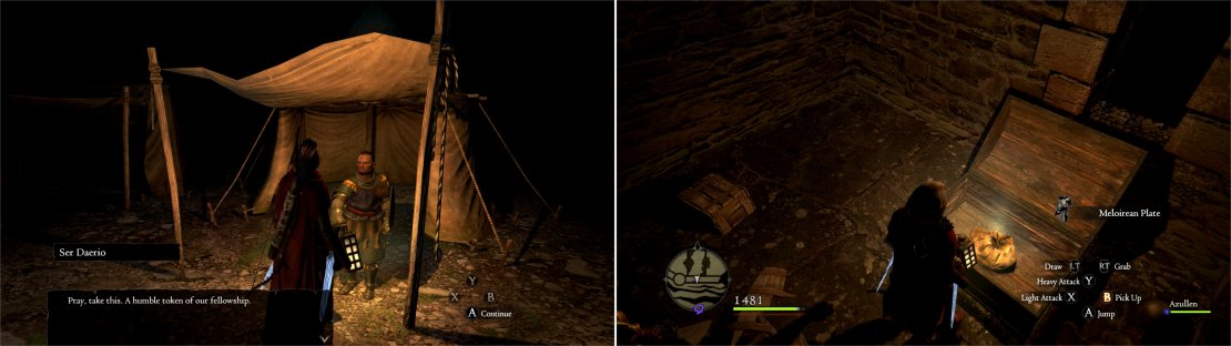 If Ser Daerio likes you enough (which he should, if you complete Supply and Demands optimally) he&rsquo;ll reward you with the Windbluff Tower Key (left), which will allow you to score some high-quality armor (right).