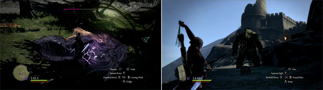 In the Cursewood you can find a Chimera (left) and on the mountain path leading to Heavenspeak Fort you&rsquo;ll find a Cyclops and more female Bandits (right).