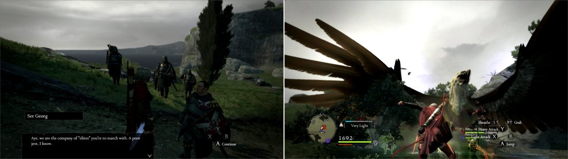Meet the &ldquo;elites&rdquo; outside of Gran Soren (left) then lure to Griffin to the ground with a tasty Goblin treat (right).
