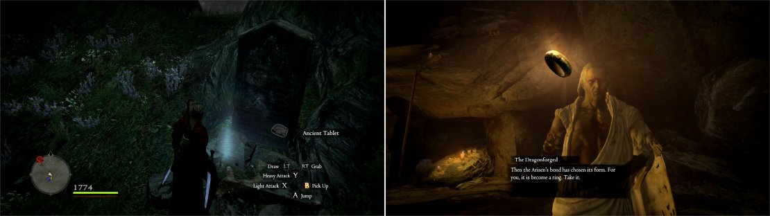 Claim the Ancient Tablet from the grave in the depths of the Witchwood (left), then bring the tablet to the Dragonforged to obtained the Arisen&rsquo;s Bond (right).
