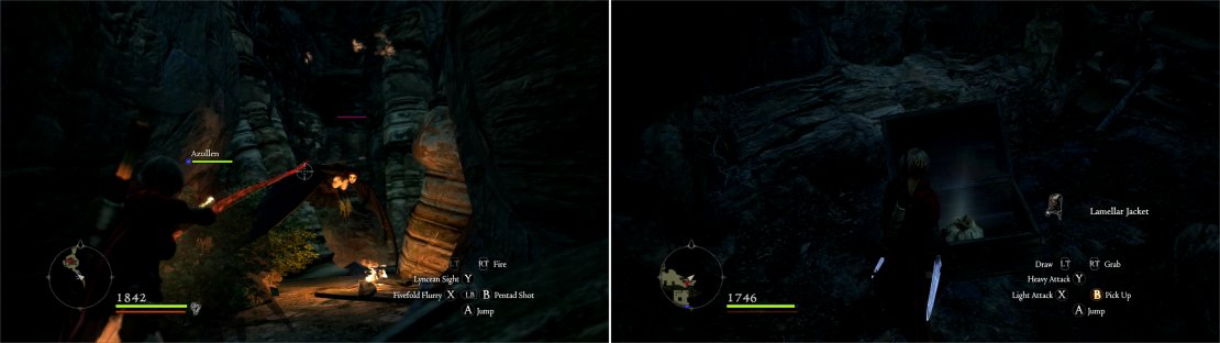 Succubi are one of the new threats you&rsquo;ll face on Tainted Mountain (left). You can also find plenty of fine loot scattered about (right).